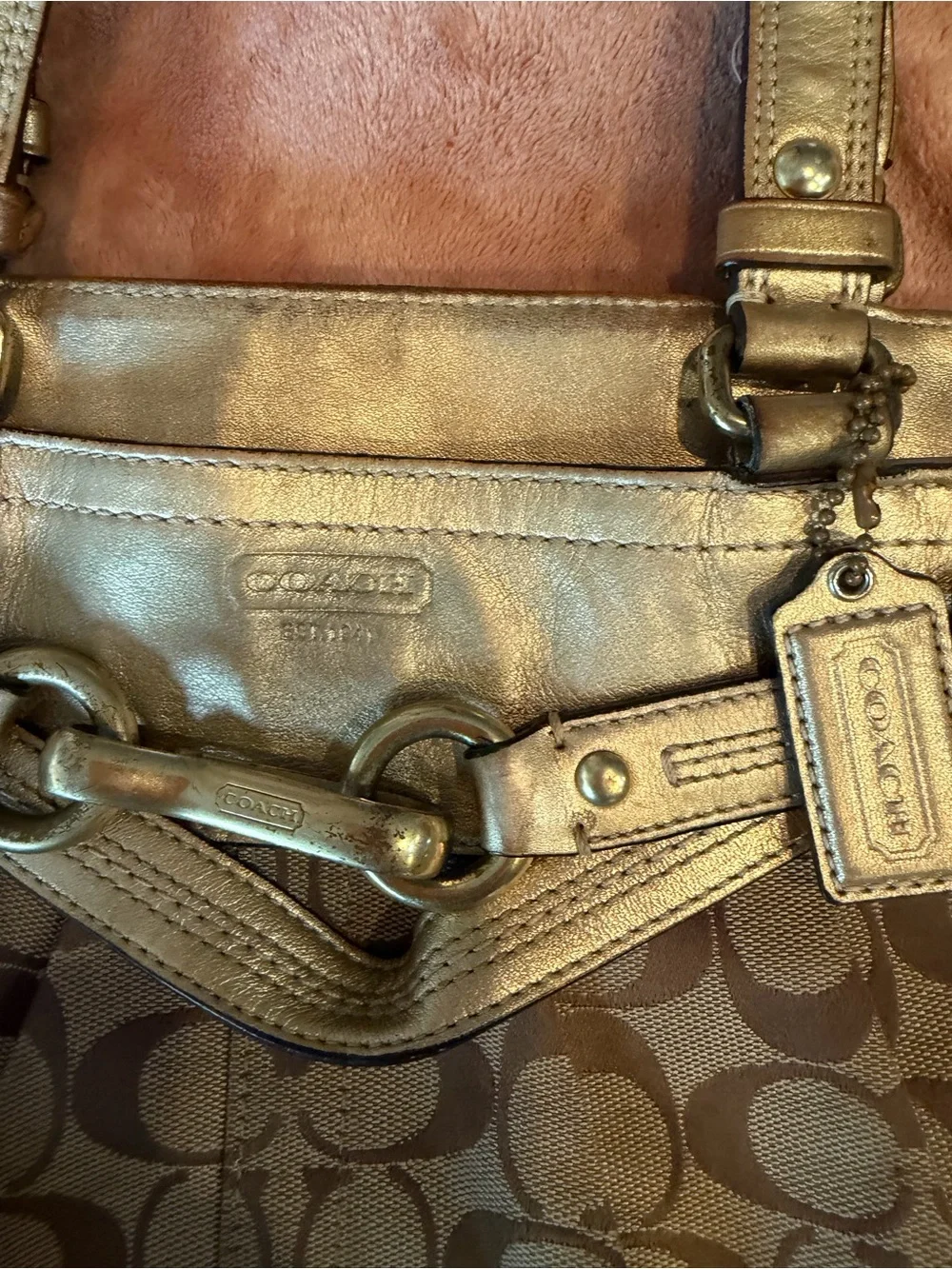 Coach Brown Signature Canvas Shoulder Bag with Metallic Trim